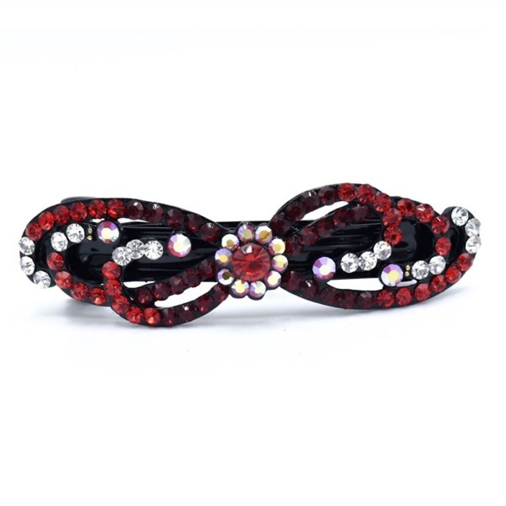 Beautiful Crystal Flower Red and White Metal Barrette